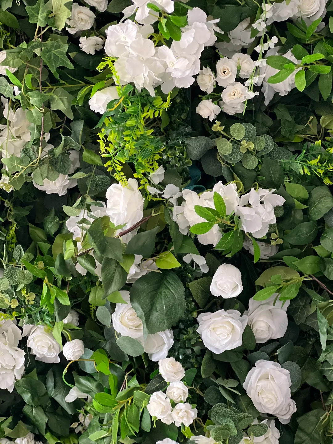 A wall of flowers with green leaves and white roses.